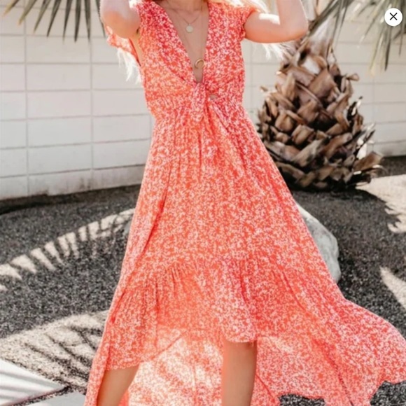 Vici Dresses & Skirts - Vici Womens Floral High Low Maxi Dress Knot Front Orange White Crepe V-Neck L